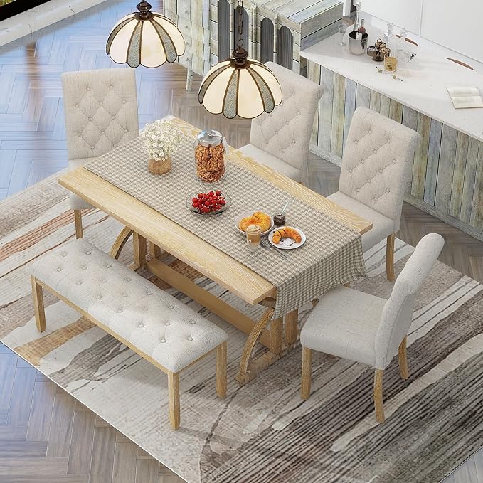6-Piece Retro Style Rectangular Dining Table Set with Unique Legs and 4 Upholstered Chairs & 1 Bench for Kitchen, Breakfast Nook, Living Room, Natural Wood Wash, 59.8" L x 35.8" W x 30" H - LeafyLoom