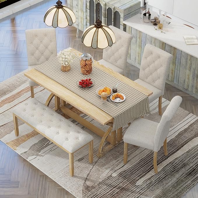6-Piece Retro Dining Table Set with Unique Legs and 4 Upholstered Button-Tufting Back Chairs & 1 Bench for Kitchen Furniture, Natural Wood Wash, 59.8" L x 35.8" W x 30" H - LeafyLoom