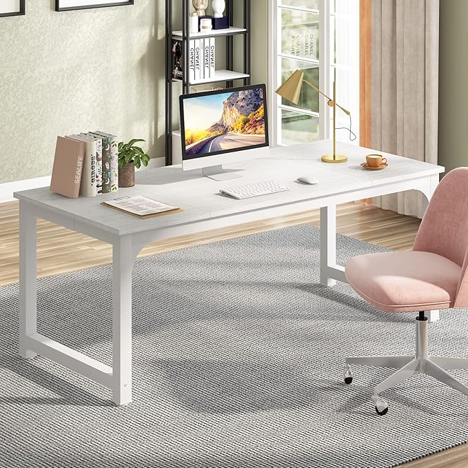 Tribesigns Modern Computer Desk, 70.8 x 31.5 inch Large Office Desk Computer Table Study Writing Desk Workstation for Home Office, White Metal Frame - LeafyLoom