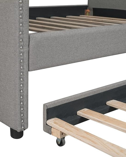 Full Size Upholstered Daybed with Twin Trundle Bed and Wood Slat for Living Room Bedroom, Gray - LeafyLoom