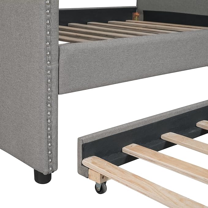 Full Size Upholstered Daybed with Twin Trundle Bed and Wood Slat for Living Room Bedroom, Gray - LeafyLoom