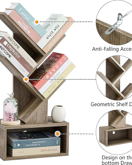 Hoctieon 3 Tier Tree Bookshelf, Modern Bookcase with Drawer, Freestanding Book shelf, Display Floor Standing Storage Shelf, Book Organizer Shelves for Home Office, Living Room, Bedroom, Greige - LeafyLoom