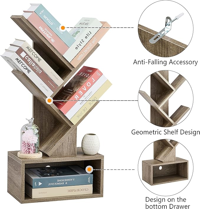 Hoctieon 3 Tier Tree Bookshelf, Modern Bookcase with Drawer, Freestanding Book shelf, Display Floor Standing Storage Shelf, Book Organizer Shelves for Home Office, Living Room, Bedroom, Greige - LeafyLoom