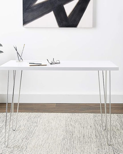 Walker Edison Mid Century Modern Hairpin Wood Laptop Computer Writing Desk Home Office Workstation Small, 42 Inch, White - LeafyLoom