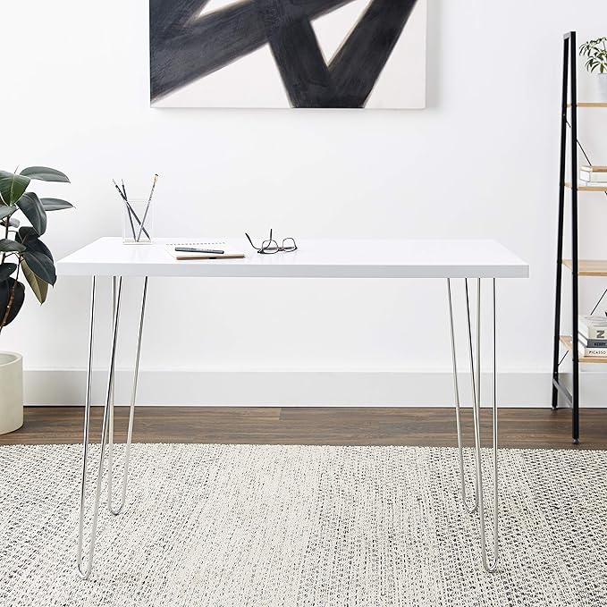 Walker Edison Mid Century Modern Hairpin Wood Laptop Computer Writing Desk Home Office Workstation Small, 42 Inch, White - LeafyLoom