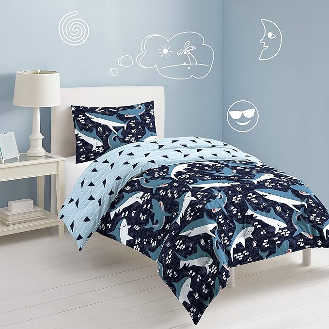 Dream Factory Sharks Boys Full Queen Size Boys Bedding Set Cotton Kids Comforter Set with Sham, 3 Piece, Full/Queen, Navy - LeafyLoom