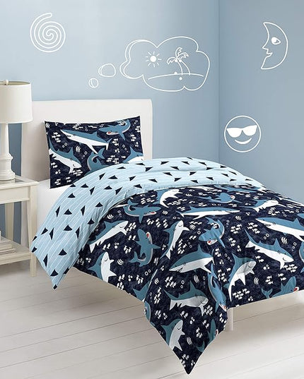 Dream Factory Sharks Boys Twin Size Boys Bedding Set Cotton Kids Comforter Set with Sham, 2 Piece, Twin, Navy - LeafyLoom