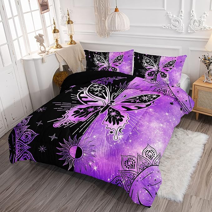Datura home Black Purple Butterfly Comforter Set for Girls Women,Boho Butterfly Sun and Moon Mandala Printed Bedding Set with 2 Pillowcases(Black Purple Queen) - LeafyLoom