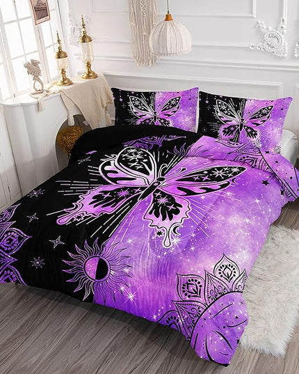 Datura home Black Purple Butterfly Comforter Set for Girls Women,Boho Butterfly Sun and Moon Mandala Printed Bedding Set with 2 Pillowcases(Black Purple Twin) - LeafyLoom