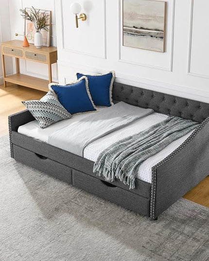Full Size Daybed with 2 Drawers, Upholstered Tufted Day Bed, with Button Back and Waved Shape Arms, Wood Slat Support, No Spring Box Need, for Bedroom, Livingroom - LeafyLoom