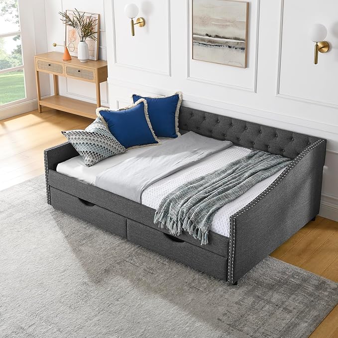 Full Size Daybed with 2 Drawers, Upholstered Tufted Day Bed, with Button Back and Waved Shape Arms, Wood Slat Support, No Spring Box Need, for Bedroom, Livingroom - LeafyLoom