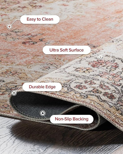 nuLOOM Ren Vintage Floral Machine Washable Ultra Thin Area Rug, 6x9, Peach - LeafyLoom
