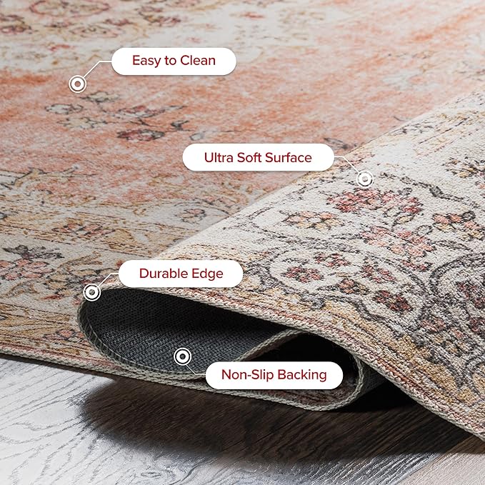 nuLOOM Ren Vintage Floral Machine Washable Ultra Thin Area Rug, 6x9, Peach - LeafyLoom