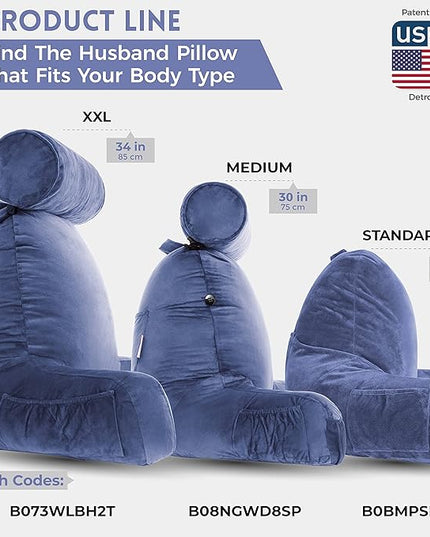 Husband Pillow XXL Dark Blue Backrest with Arms - Adult Reading Pillow Shredded Memory Foam, Ultra-Comfy Removable Microplush Cover & Detachable Neck Roll, Unmatched Support Bed Rest Sit Up Pillow - LeafyLoom