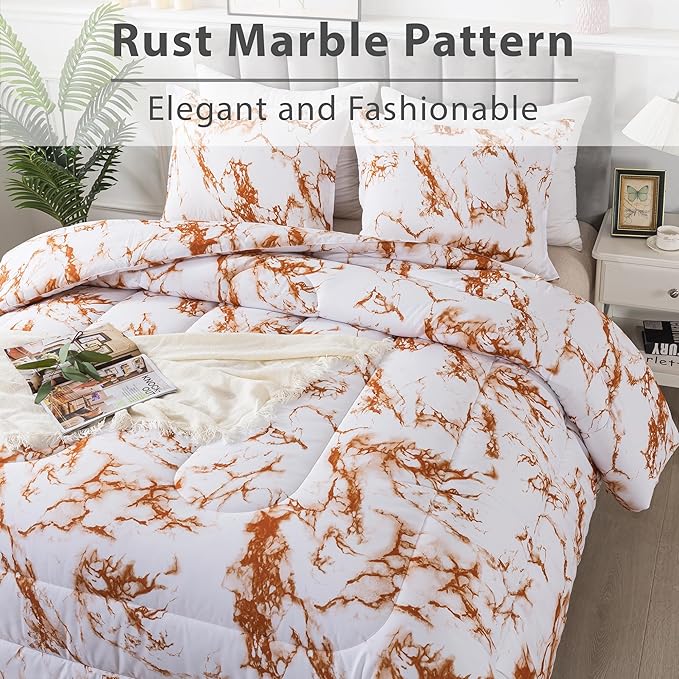 Litanika Rust Marble Comforter Queen(90x90lnch), 3Pieces(1 Marble Comforter and 2 Pillowcases) Soft Microfiber Comforter Bedding Set for Men and Women - LeafyLoom