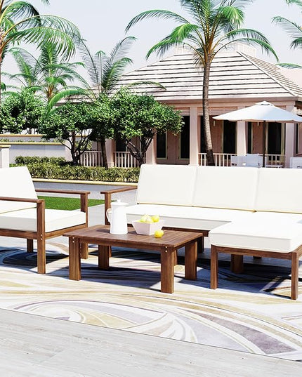 Outdoor Patio Furniture Set with Acacia Wood L-shaped Sectional Sofa, Armchair and A Small Table, 4-Piece for Gardens Backyards Balconies, Onesize, Beige Cushions - LeafyLoom