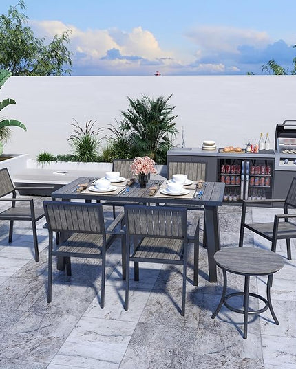 Pamapic Aluminum Outdoor Dining Set, Patio Dining Set for 8 with 6 Outdoor Stackable Chairs, Patio Table and Chairs Set with Plastic-Wood Table Top for Patio, Garden(Charcoal Gray) - LeafyLoom