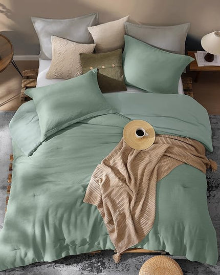Sage Green Queen Comforter Set, 3 Piece Crinkle Design Summer Beddding Queen Size, Minimalist Queen Bed Set with Modern Green Comforter & Shams (Queen, 90"x90") - LeafyLoom