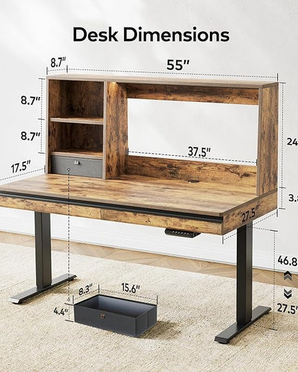 FEZIBO 55 x 27.5 Inches Electric Standing Desk with Open Shelf&LED Strip, Adjustable Height Sit Stand Up Desks with 3 Drawers, Ergonomic Workstation，Rustic Brown - LeafyLoom