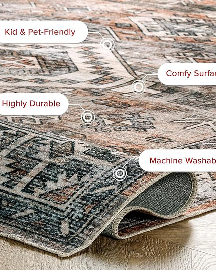 nuLOOM 6 Square Machine Washable Rain Haven Vintage Medallion Area Rug, Rust, Traditional Faded Design, Non-Slip Backing, Stain Resistant, For Bedroom, Dining Room, Living Room, Kitchen - LeafyLoom
