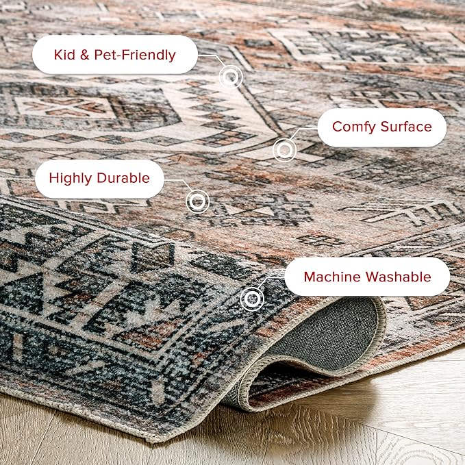 nuLOOM 6 Square Machine Washable Rain Haven Vintage Medallion Area Rug, Rust, Traditional Faded Design, Non-Slip Backing, Stain Resistant, For Bedroom, Dining Room, Living Room, Kitchen - LeafyLoom