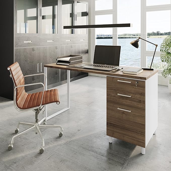 Milano Home Office Desk - 47Inch Cass walnut/white Home Office Desk with Drawers - Modern Computer Desk with Storage, Detachable & Lockable Computer Cabinet - Wooden Office, Study, and Writing Table - LeafyLoom