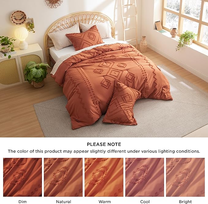 Bedsure Boho Comforter Set Twin - Terracotta Tufted Bedding Comforter Set, 2 Pieces Farmhouse Shabby Chic Embroidery Bedding Set, Soft Geometric Pattern Comforter for All Seasons - LeafyLoom