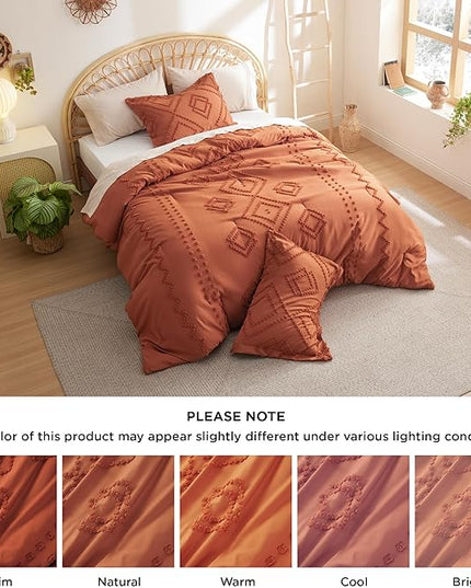 Bedsure Boho Comforter Set Full - Terracotta Tufted Bedding Comforter Set, 3 Pieces Farmhouse Shabby Chic Embroidery Bedding Set, Soft Geometric Pattern Comforter for All Seasons - LeafyLoom