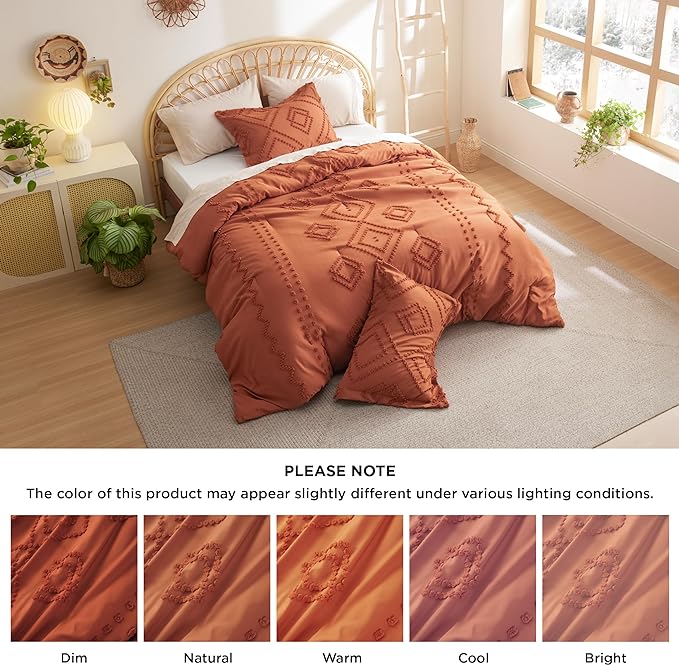 Bedsure Boho Comforter Set Full - Terracotta Tufted Bedding Comforter Set, 3 Pieces Farmhouse Shabby Chic Embroidery Bedding Set, Soft Geometric Pattern Comforter for All Seasons - LeafyLoom