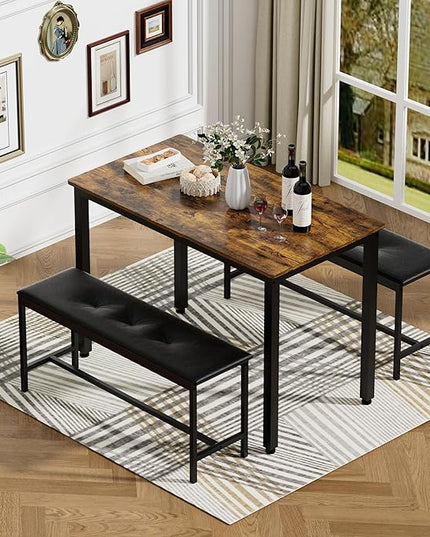4 Person, 43.3in Kitchen Table 2 Upholstered Benches for 4-6, Nesting Furniture Set for Dining Room Restaurant Small Spaces Pub Bar Bistro Dinette, Rustic Brown-pu - LeafyLoom