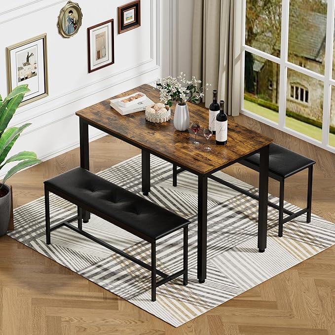 4 Person, 43.3in Kitchen Table 2 Upholstered Benches for 4-6, Nesting Furniture Set for Dining Room Restaurant Small Spaces Pub Bar Bistro Dinette, Rustic Brown-pu - LeafyLoom