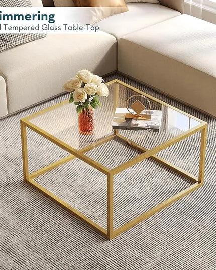 SAYGOER Gold Coffee Table Glass Modern Coffee Tables for Small Space Simple Square Center Table for Living Room Home Office 26.7 x 26.7 x 15.7, Easy Assembly - LeafyLoom