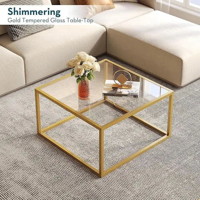 SAYGOER Gold Coffee Table Glass Modern Coffee Tables for Small Space Simple Square Center Table for Living Room Home Office 26.7 x 26.7 x 15.7, Easy Assembly - LeafyLoom