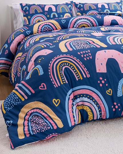 Btargot Lightweight Soft 3 Piece Rainbow Comforter Set with 2 Pillow Covers, Cartoon Love Hearts Suns and Stars Bedding Set for Girls Boys Kids, Queen Dark Blue - LeafyLoom