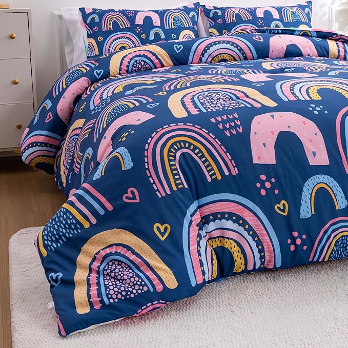 Btargot Lightweight Soft 3 Piece Rainbow Comforter Set with 2 Pillow Covers, Cartoon Love Hearts Suns and Stars Bedding Set for Girls Boys Kids, Queen Dark Blue - LeafyLoom