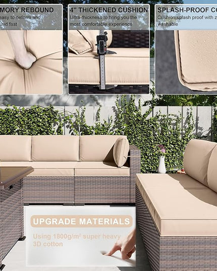 Kullavik 15PCS Outdoor Patio Furniture Set with 43" 55000BTU Gas Propane Fire Pit Table PE Wicker Rattan Sectional Sofa Patio Conversation Sets w/8 Coner Sofas,Sand - LeafyLoom