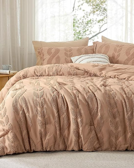Bedsure Twin/Twin XL Size Comforter Set Taupe, Boho Tufted Bedding Comforter Set, Farmhouse Jacquard Cable Knit Pattern Bed Set, 2 Pieces, 1 Shabby Chic Fluffy Comforter & 1 Pillow Sham - LeafyLoom