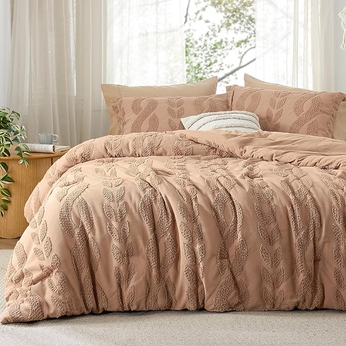 Bedsure Full Size Comforter Set Taupe, Boho Tufted Bedding Comforter Set, Farmhouse Jacquard Cable Knit Pattern Bed Set, 3 Pieces, 1 Shabby Chic Fluffy Comforter & 2 Pillow Shams - LeafyLoom