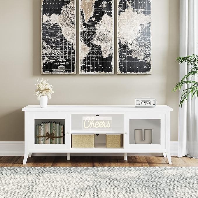 Lavish Home TV Stand-55-inch Storage Cabinet with 2 Cubbies and 2 Shelves-Entertainment Center for Living Room, Bedroom, or Entryway, 55", White - LeafyLoom