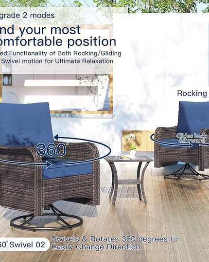 Kullavik 11PCS Outdoor Patio Furniture Set,PE Wicker Rattan Sectional Sofa Patio Conversation Sets with 43" 55000BTU Gas Propane Fire Pit Table,Swivel Rocking Chairs Set,Navy Blue - LeafyLoom