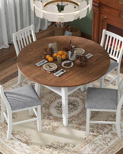 5-Piece Counter Height Round Set in 2 Table Sizes with 4 Folding Leaves and Upholstered Chairs for Dining Room (Espresso+White+Gray Cushion), 38"~54" L x 38"~54" W x 36.2" H - LeafyLoom
