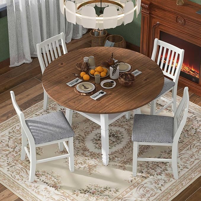 NicBex Dining Room Table Set for 4 Breakfast Nook Table Set 5-Piece Counter Height Dining Table Set in 2 Table Sizes with 4 Folding Leaves and 4 Upholstered Chairs for Dining Room, Espresso+White - LeafyLoom
