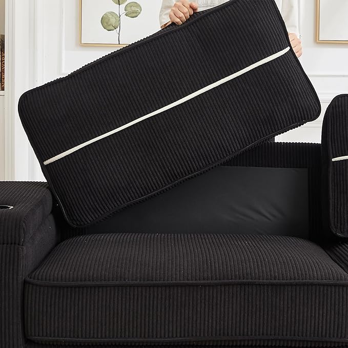Modern Living Room Upholstered 3 Seater Sofa Couch Deep Seat Soft Corduroy Sofa&Couch with Storage Armrests, 2 Cupholders, Type-C and USB Charging Ports for Home, Apartment, Office - LeafyLoom
