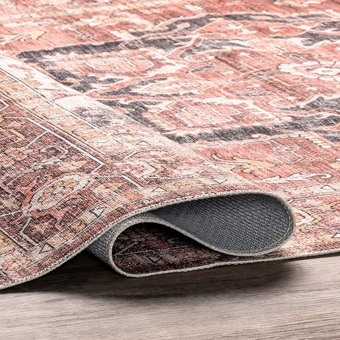 nuLOOM Emmy Faded Persian Machine Washable Ultra Thin Area Rug, 4' x 6', Red - LeafyLoom