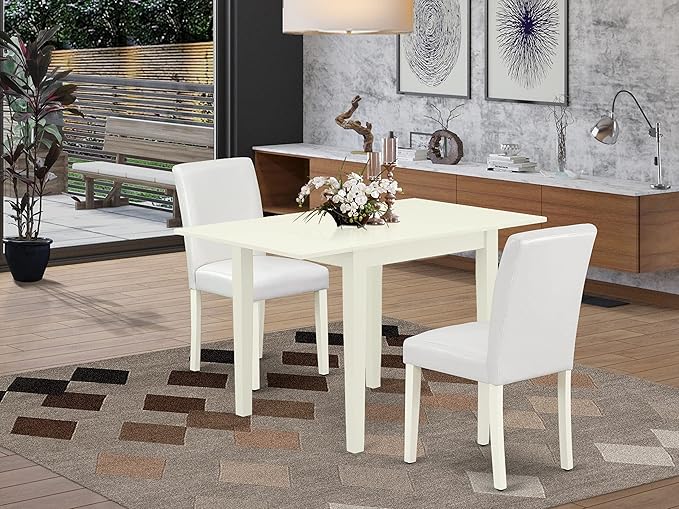 East West Furniture 1NDAB3-LWH-64 3 Piece Kitchen Set Contains a Rectangle Room Table with Dropleaf and 2 White Faux Leather Parsons Dining Chairs, 30x48 Inch - LeafyLoom