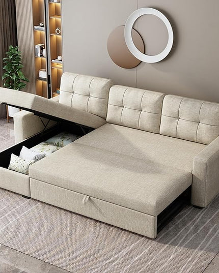 81.5" Sectional Sleeper Sofa with Storage Chaise, L Shaped Pull Out Couch Bed with 3 Removable Back Cushion for Living Room, Apartment,Office,Beige - LeafyLoom