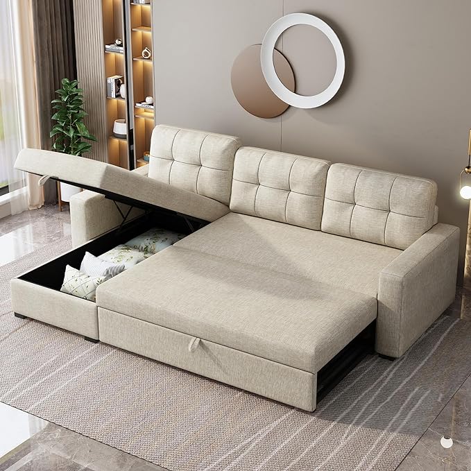 81.5" Sectional Sleeper Sofa with Storage Chaise, L Shaped Pull Out Couch Bed with 3 Removable Back Cushion for Living Room, Apartment,Office,Beige - LeafyLoom