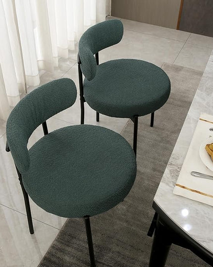 Dark Green Dining Chairs Set of 4 Round Upholstered Boucle Dining Room Chairs Mid-Century Modern Kitchen Chairs Curved Backrest Chairs for Dining Room Black Metal Legs - LeafyLoom