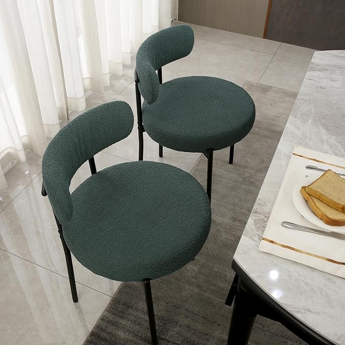 Dark Green Dining Chairs Set of 4 Round Upholstered Boucle Dining Room Chairs Mid-Century Modern Kitchen Chairs Curved Backrest Chairs for Dining Room Black Metal Legs - LeafyLoom