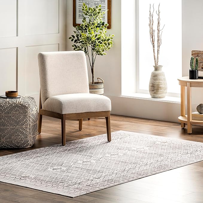 nuLOOM Hettie Transitional Tribal Machine Washable Ultra Thin Area Rug, 3' x 5', Light Grey - LeafyLoom